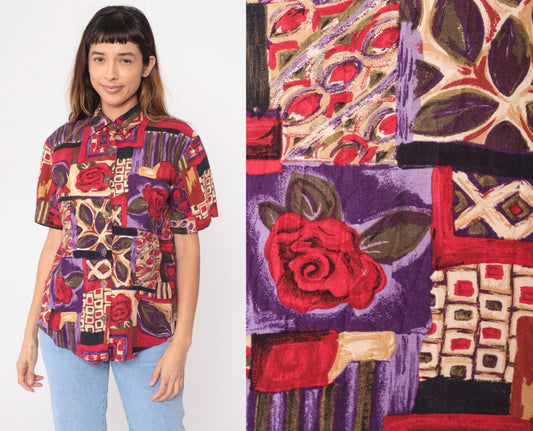 90s Patchwork Abstract Button-Up Shirt Geometric Rose Print Purple Medium