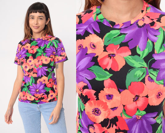 90s Floral T-Shirt Purple Orange Green Black Watercolor Print Fitted Small