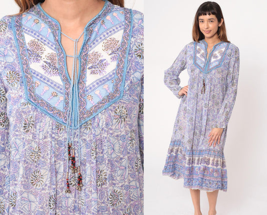 90s Taja Purple Paisley Maxi Dress Beaded Yoke Cotton Floral Large L