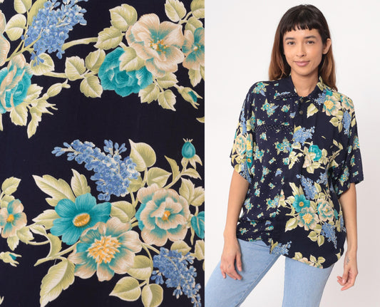 90s Navy Floral Rayon Blouse Turquoise Cream Yellow Flowers Short Sleeve Large