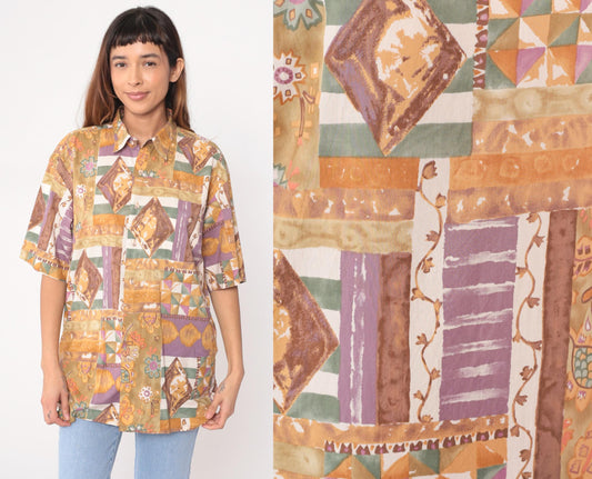 90s Burma Bibas Patchwork Cotton Shirt Geometric Floral Multicolor Medium