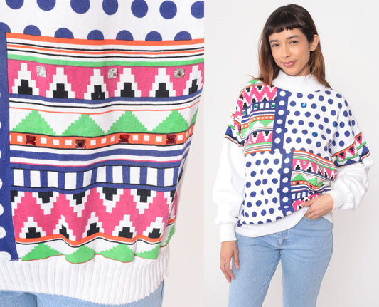 90s Architect Geometric Sweatshirt White Multicolor Tribal Print Medium M