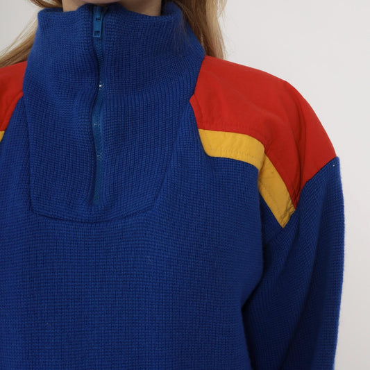 80s Slalom Colorblock Half Zip Wool Sweater Blue Red Yellow Men's Small