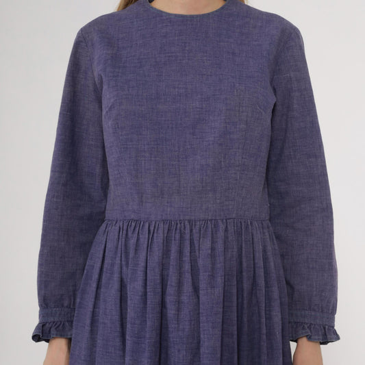 60s Purple Midi Dress Long Sleeve Gathered Waist A-Line Crew Neck Medium M