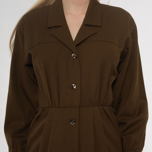 80s Bill Geoffreys Wool Shirt Dress Olive Brown Knee Length XS