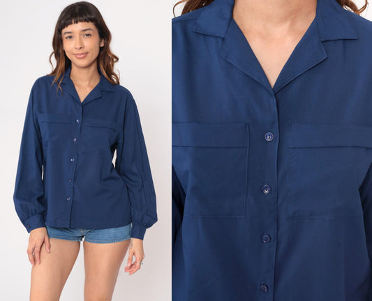 70s Judy Bond Navy Button-Up Shirt Notched Collar Long Sleeve Medium