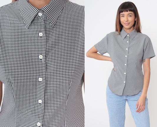90s Black White Gingham Button-Up Shirt Short Sleeve Collared Blouse Large