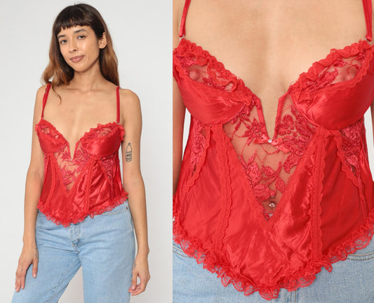 90s Fredericks of Hollywood Red Lace Camisole V-Neck Spaghetti Strap Medium
