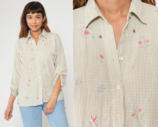 90s Koret Francisca Gingham Floral Embroidered Cotton Blouse Sage Green Small