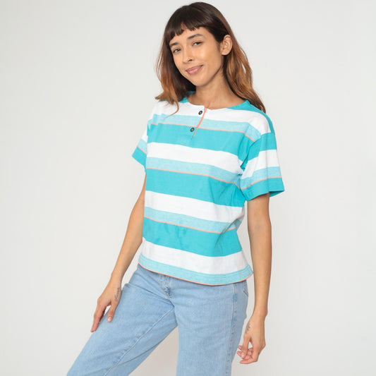 90s Aileen Striped Cotton Shirt Turquoise White Short Sleeve Small