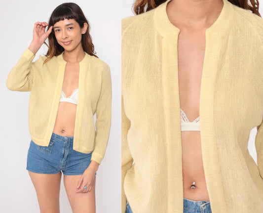 70s Wool Cardigan Pale Yellow Ribbed Knit Open Front Small S