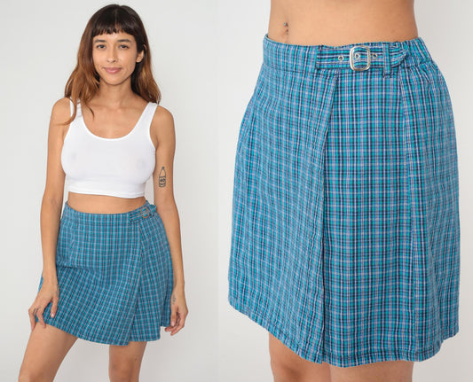 Y2K White Stag Blue Plaid Skort High Waisted Cotton Mini Medium