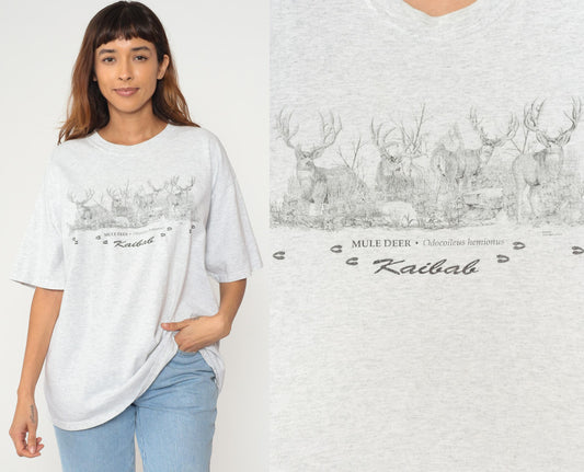 90s Mule Deer Kaibab Graphic T-Shirt Grey Cotton Wildlife Tee Extra Large XL