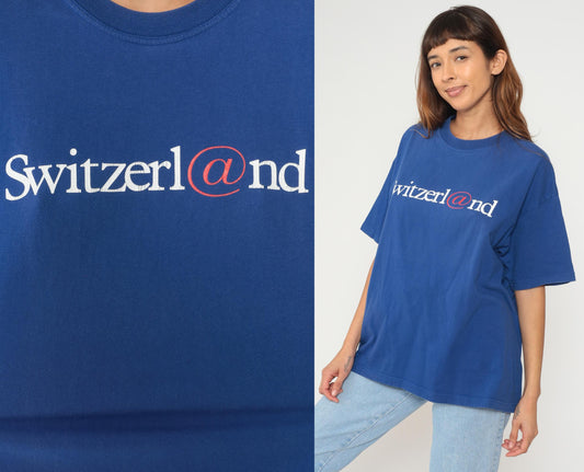 Y2K Switzerland Graphic Cotton T-Shirt Blue Crewneck Medium M