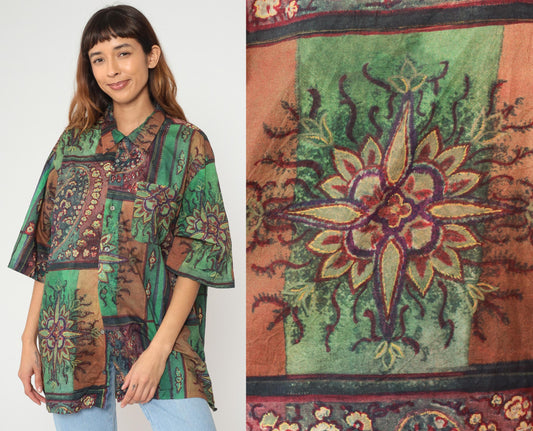 90s Barry Bricken Patchwork Floral Button Shirt Cotton Tunic Extra Large XL