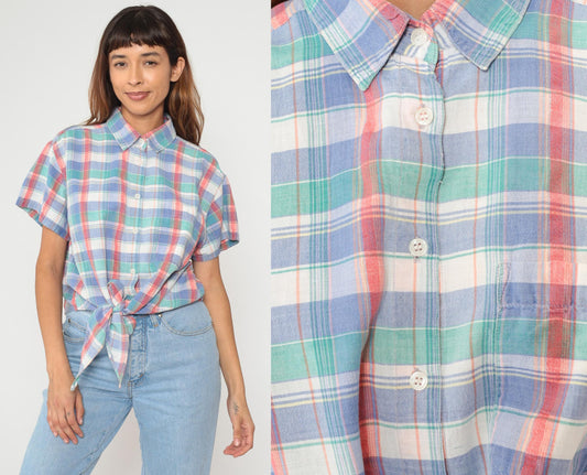 90s Sorrel Plaid Cropped Shirt Cotton Blue Green Pink White Checkered Large