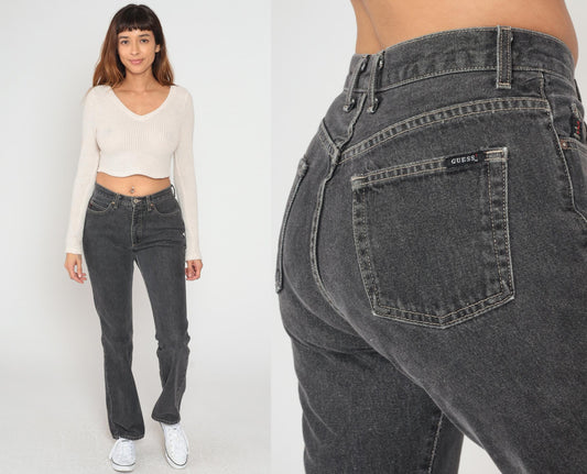 90s Guess Black Straight Leg Jeans High Waist Denim Yellow Stitching Size 29