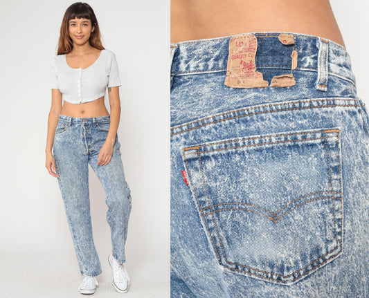 90s Levi's 501 Acid Wash Jeans High Waisted Straight Leg Light Blue Large