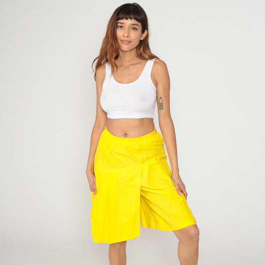 90s Video Grant Yellow Cotton Shorts High Waist A-Line Pockets Large L