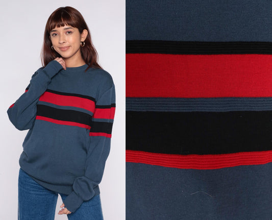 70s Meister Wool Sweater Striped Grey Red Black Crew Neck Extra Large XL