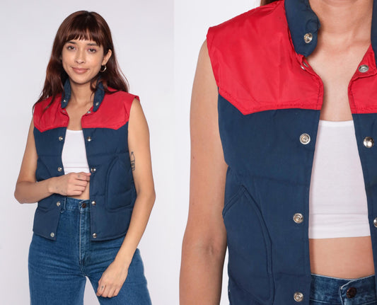 80s Brandon Colorado Navy Red Quilted Down Vest Western Yoke Extra Small XS