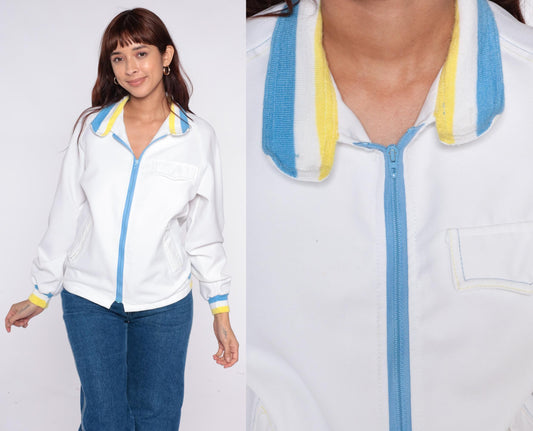 80s Sportsmaster Track Jacket White Windbreaker Blue Yellow Stripe Small