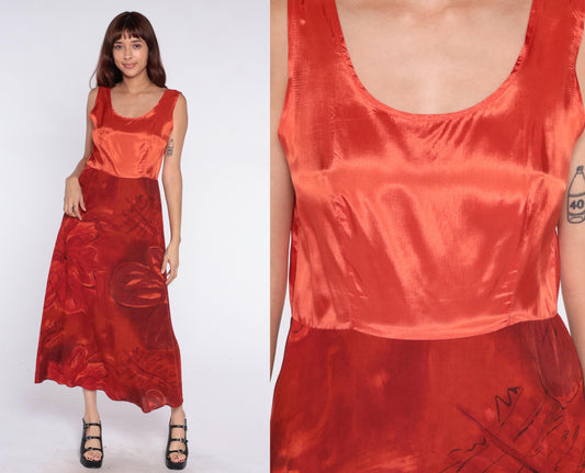 90s Positivity Attitude Red Floral Maxi Dress Sleeveless Rayon Large