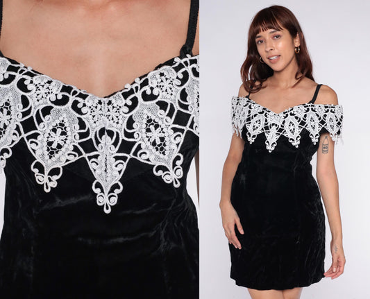 90s Black Velvet Mini Dress Off-Shoulder White Lace Trim Spaghetti Strap Medium M