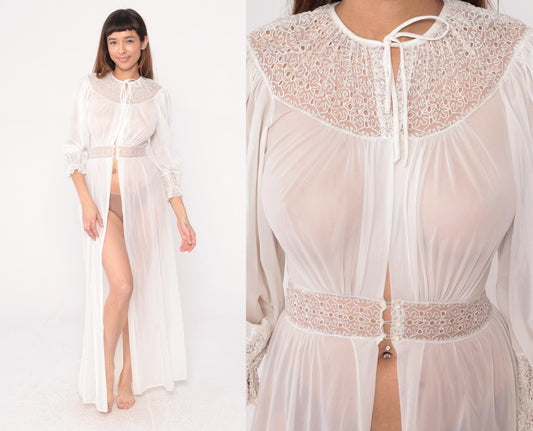 70s Lady Leonora Lace Robe Off-White Nylon Tie-Front Maxi Negligee Small