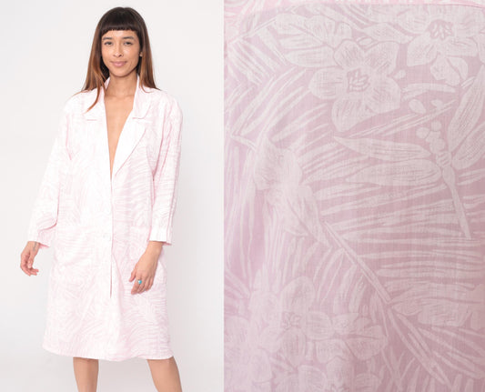 80s Pink Floral Robe Knee-Length Button-Front House Coat Medium