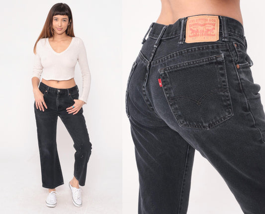 Y2K Levi's 517 Black Denim Jeans Straight Leg Distressed Raw Hem Medium M