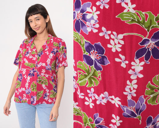 90s Basic Editions Hawaiian Shirt Fuchsia Floral Tropical Blouse Extra Large XL