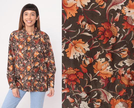 90s Silk Floral Button-Up Blouse Brown Orange Rust Cream Medium M