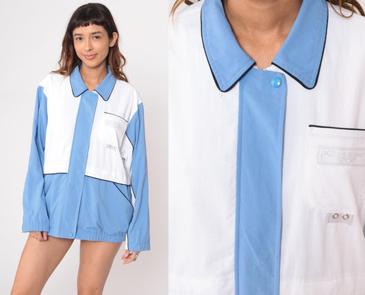 90s Alfred Dunner Color Block Windbreaker Blue White Geometric Jacket Large