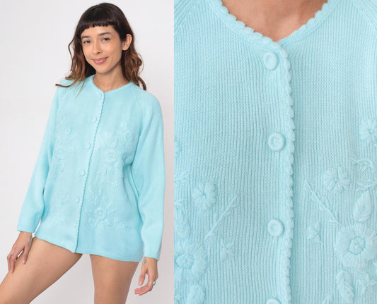 70s Pale Blue Cardigan Embroidered Floral Button Front Knit Medium