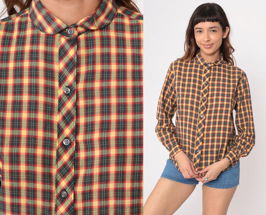 90s Oak Hill Plaid Button-Up Shirt Yellow Red Green Navy Cotton Small