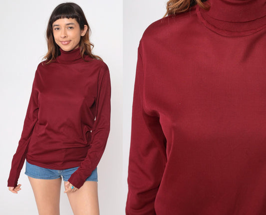 70s Burgundy Turtleneck Long Sleeve Ribbed Knit Pullover Extra Large