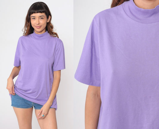 90s Roamans Lavender Mock Turtleneck Short Sleeve Cotton Top Large