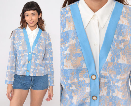 70s Geometric Pixelated Blazer Blue Cream Tan Notched Collar Cropped Medium