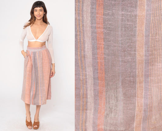 80s Striped Midi Skirt Peach Grey Cream Elastic Waist Pockets Small
