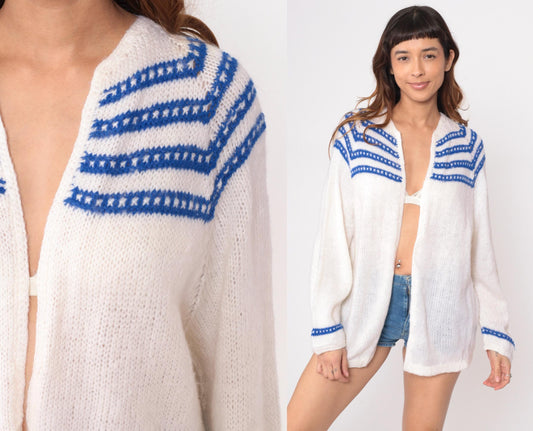 70s White Knit Cardigan Blue Striped Trim V-Neck Long Sleeve Medium