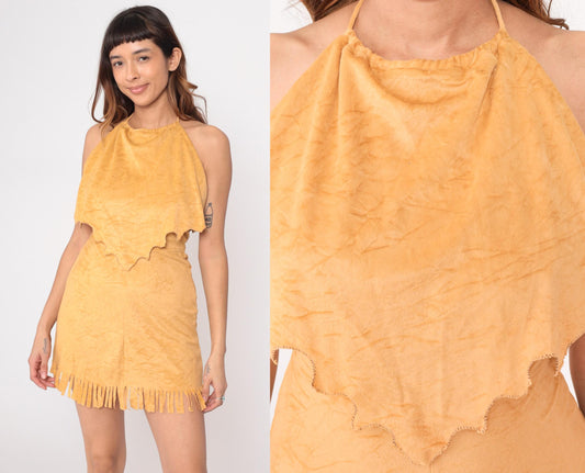 90s Coco Loco Yellow Halter Mini Dress Fringe Hem Medium M