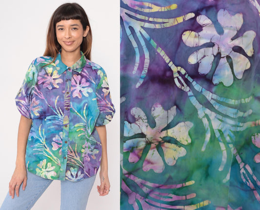 Y2K Caribbean Joe Tropical Floral Button-Up Shirt Purple Blue Green Plus Size 1X