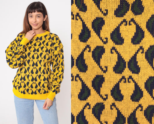 90s Yellow Black Paisley Knit Sweater Crewneck Pullover Medium M