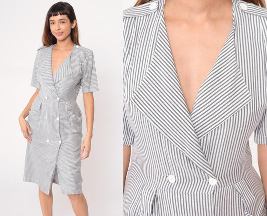 90s Pinstriped Blazer Dress Grey White Double Breasted Midi Medium M