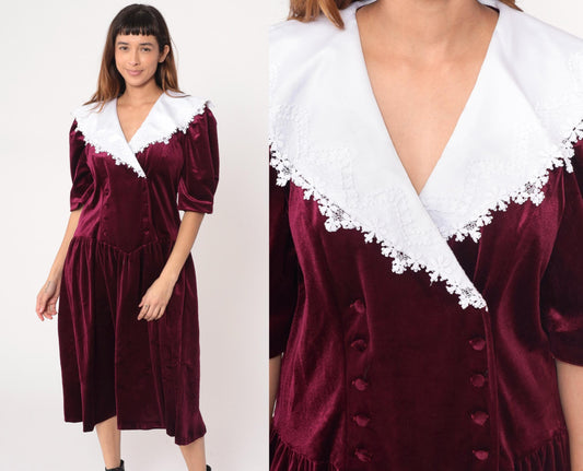 90s Burgundy Velvet Midi Dress White Lace Collar Drop Waist Puff Sleeves Large