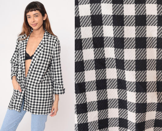 90s Kenneth Mitchell Black White Gingham Blazer Notched Collar Medium