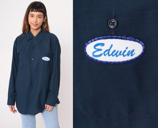 90s Valley Industrial Services Navy Work Shirt Edwin Name Patch Large L