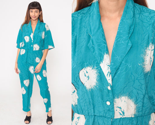 80s Turquoise Jumpsuit Floral Print Button Front Notched Collar Medium M
