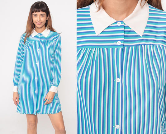 60s Blue White Striped Mini Dress Button Front Mod Shift Medium